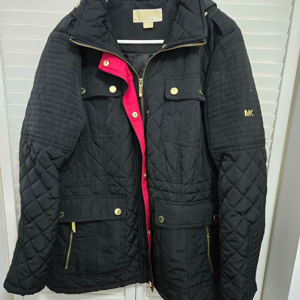 Michael Michael Kors Black Quilted Hooded Field Jacket Gold Hardware XL